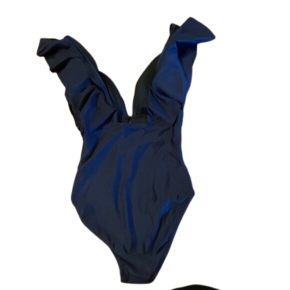 J Crew Ruffle V-Neck Ruched One Piece Swimsuit  Size 4 Navy Blue new nwt - Picture 8 of 9